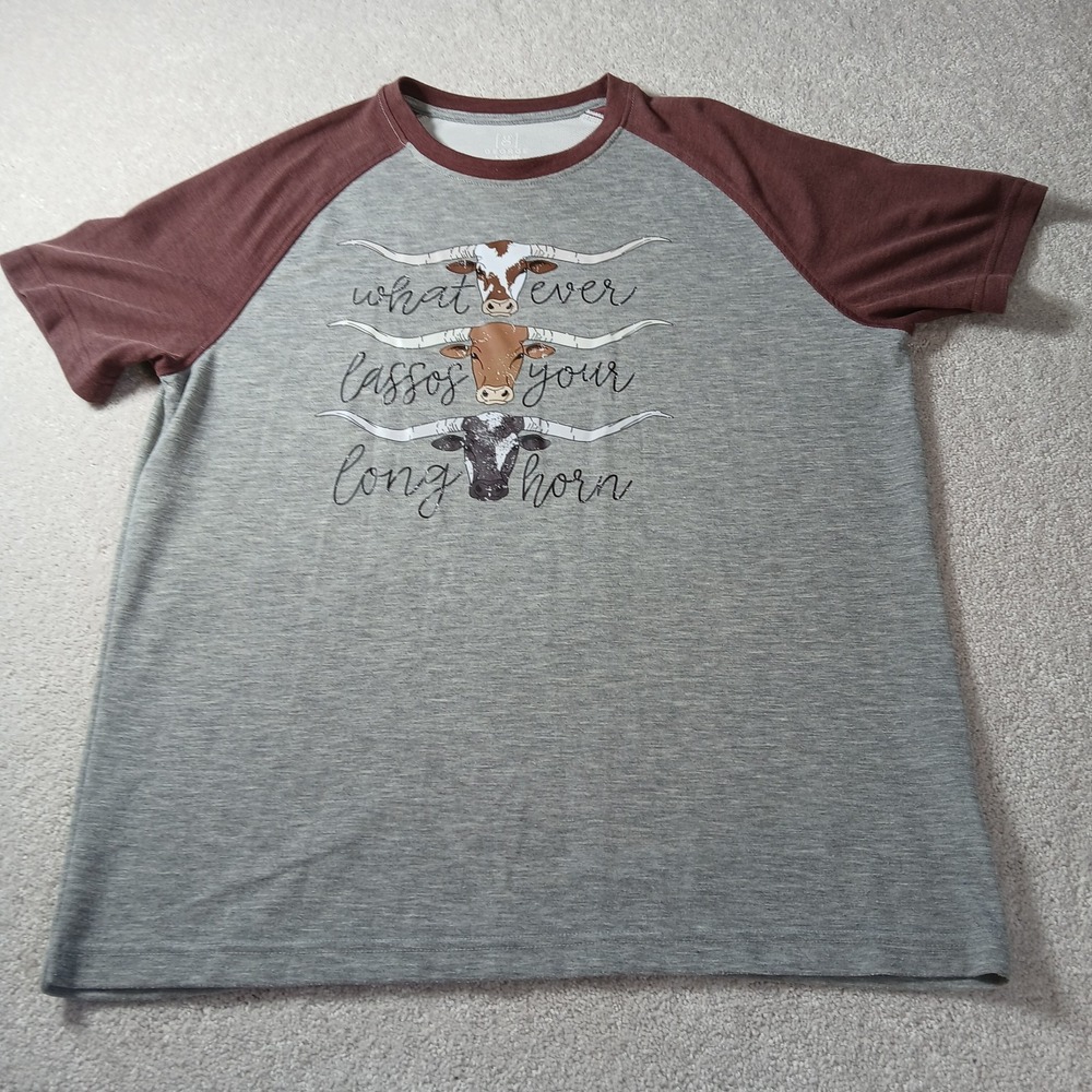 George Men's Maroon Gray Short Sleeve T-Shirt Size Large Graphic Bull Long Horns
